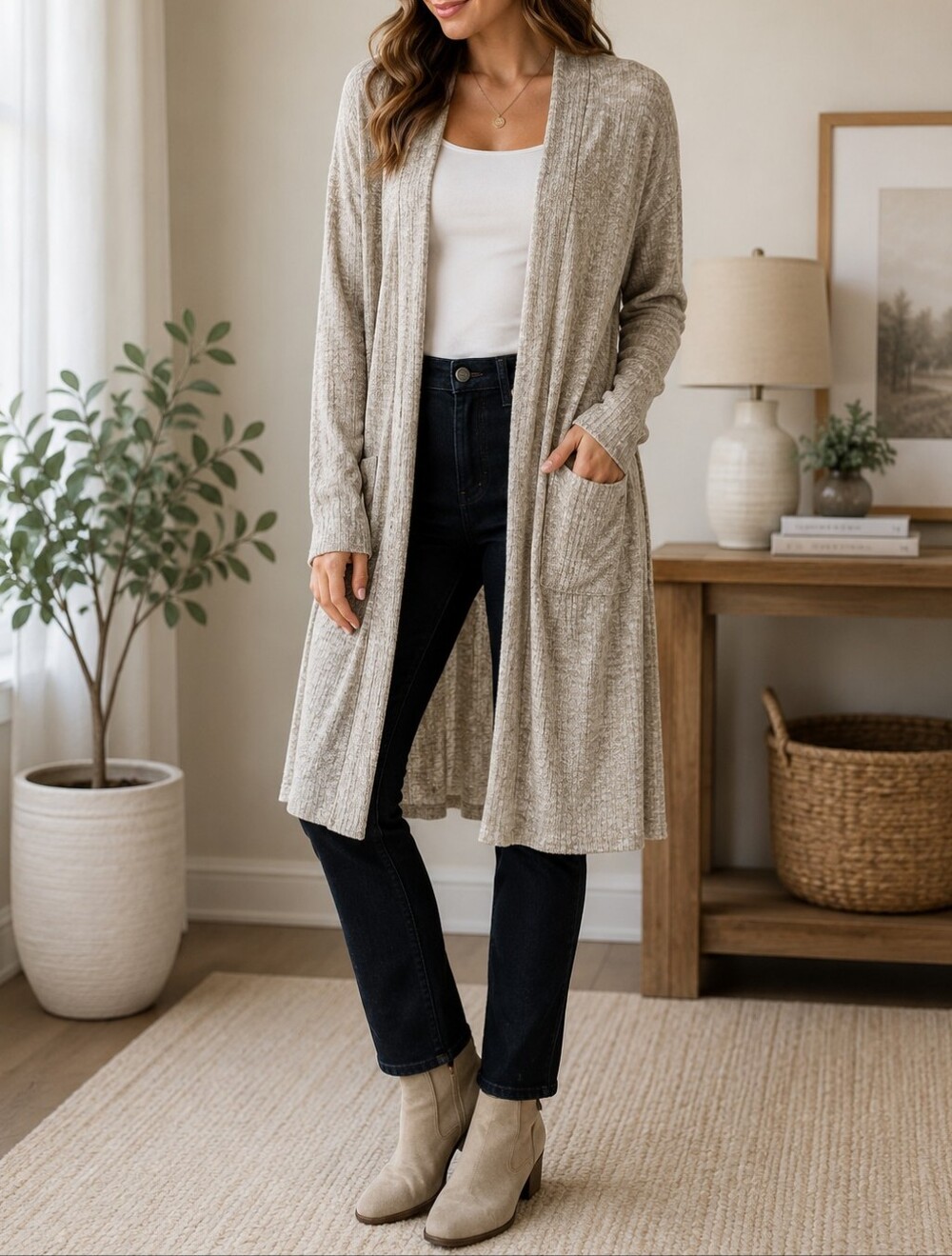Nine West Coastal Grandmother Ribbed Duster Cardigan Pockets Size L - Picture 4 of 13
